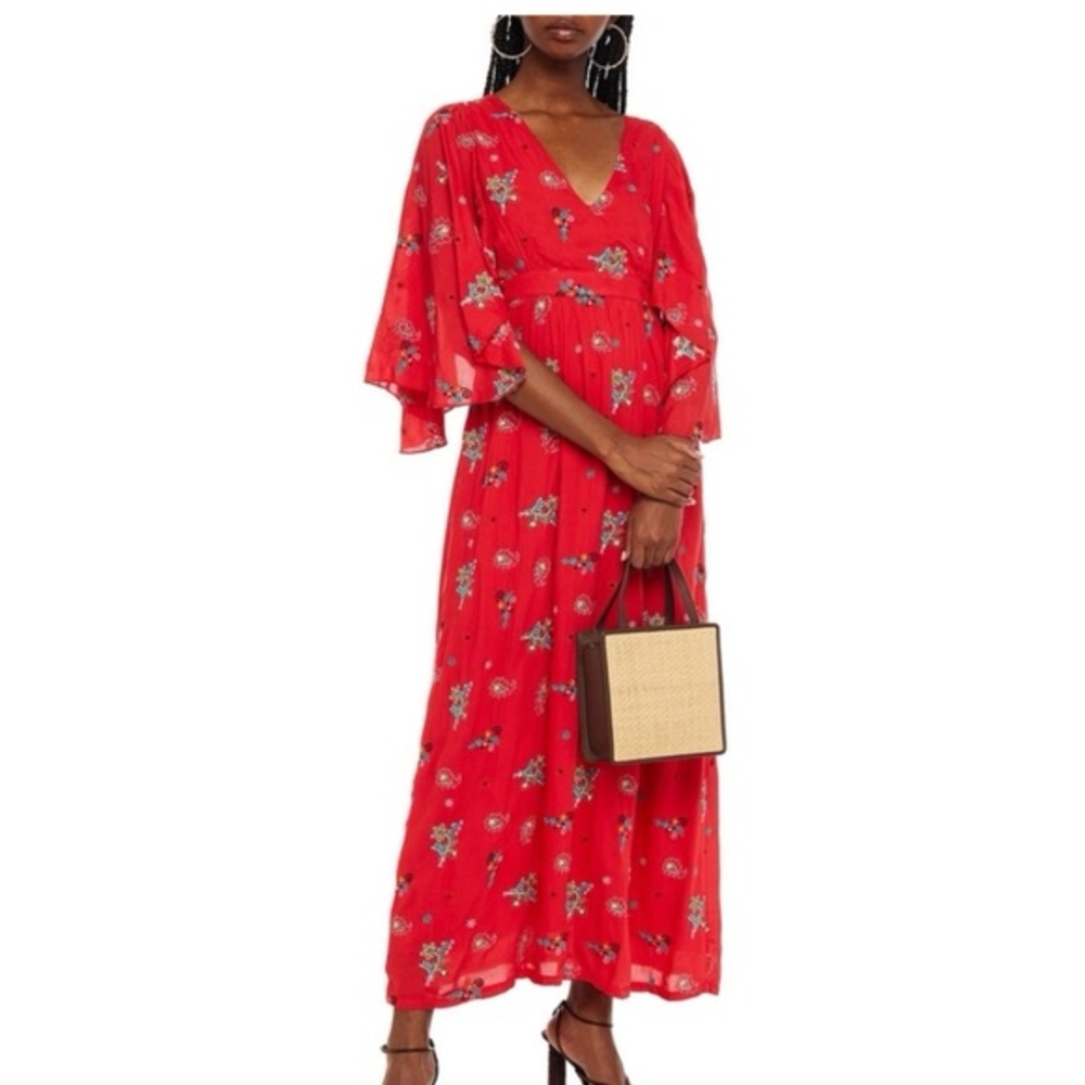 Antik Batik Houla Embroidered Floral Red Maxi Dress M